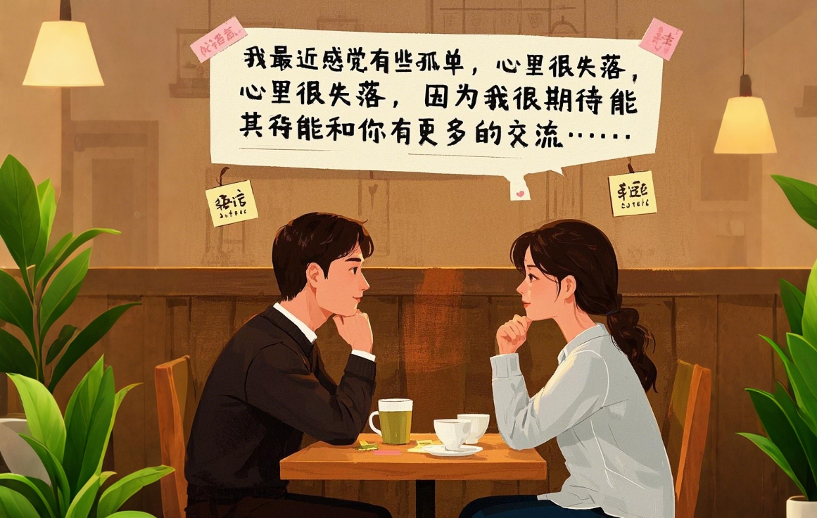 描繪一對情侶在溫馨的咖啡館裡，面對面真誠交流的畫面。