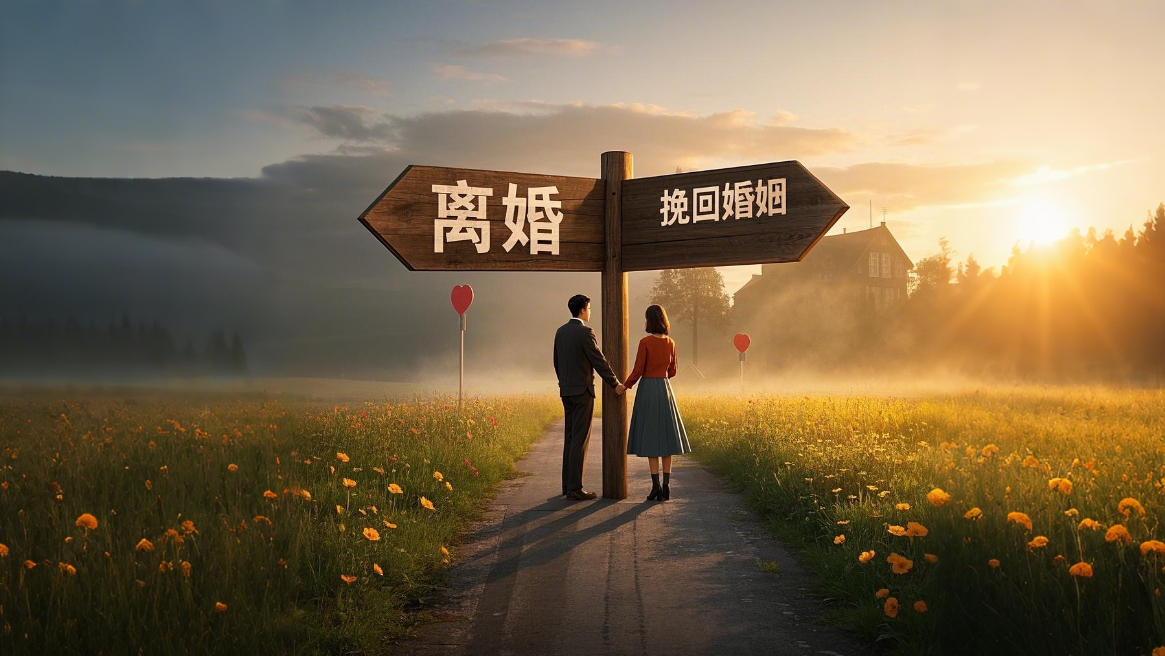 有一對夫妻手牽手，猶豫地站在十字路口