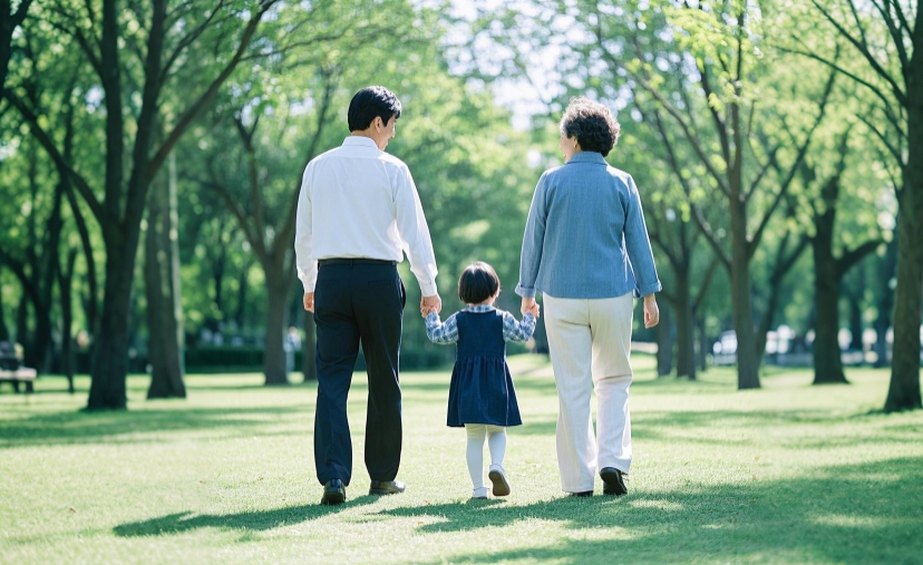 父母和孩子在陽光明媚的公園