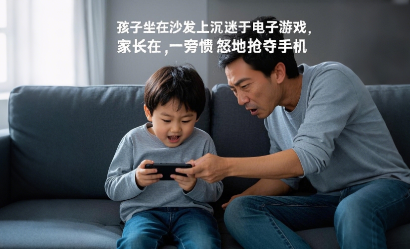 孩子坐在沙發上沉迷於電子遊戲，家長在一旁憤怒地搶奪手機